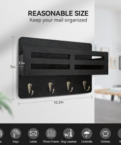 Alternative view of Key Holder Wall Mount. 10 inch Decorative Key and Mail Holder for Wall. with Mail Organizer & 4 Key Hooks. Rustic Wooden Key Rack for Hanging Dog Leash Sunglasses. Entryway Key Hanger. Black