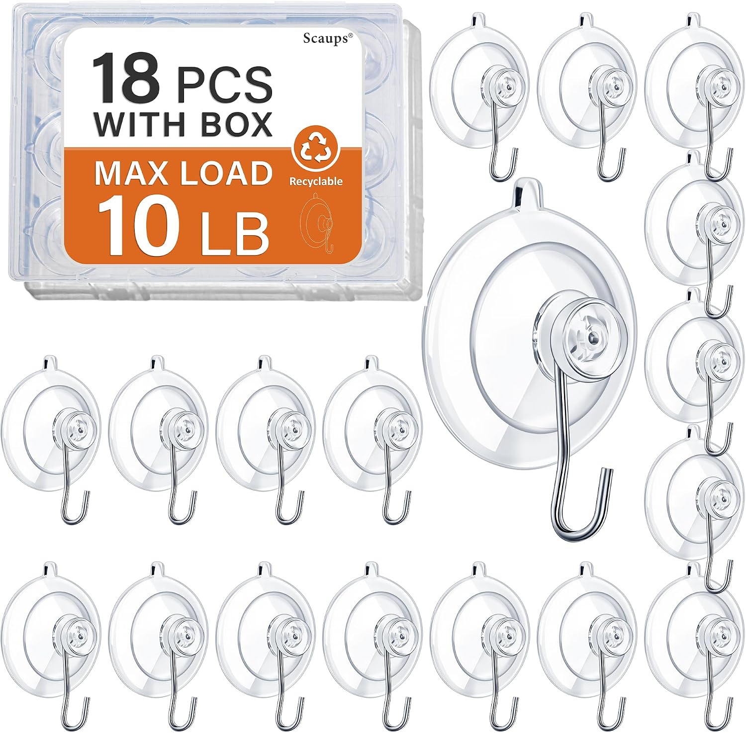 18 Pack Suction Cup Hooks Max Load 10LB. 1.77Inch Suction Cup Hook for Glass Window. Reusable. Suitable for Glass. Windows. Bathrooms. Kitchens. Tiles. Shower Cubicles